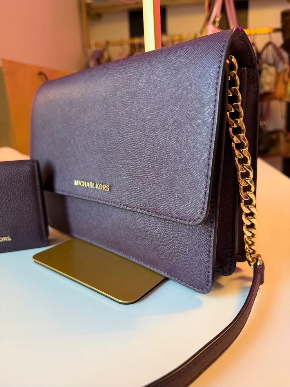 Michael Kors Plum Leather Shoulder Bag with Matching Wallet crossbody gold chain